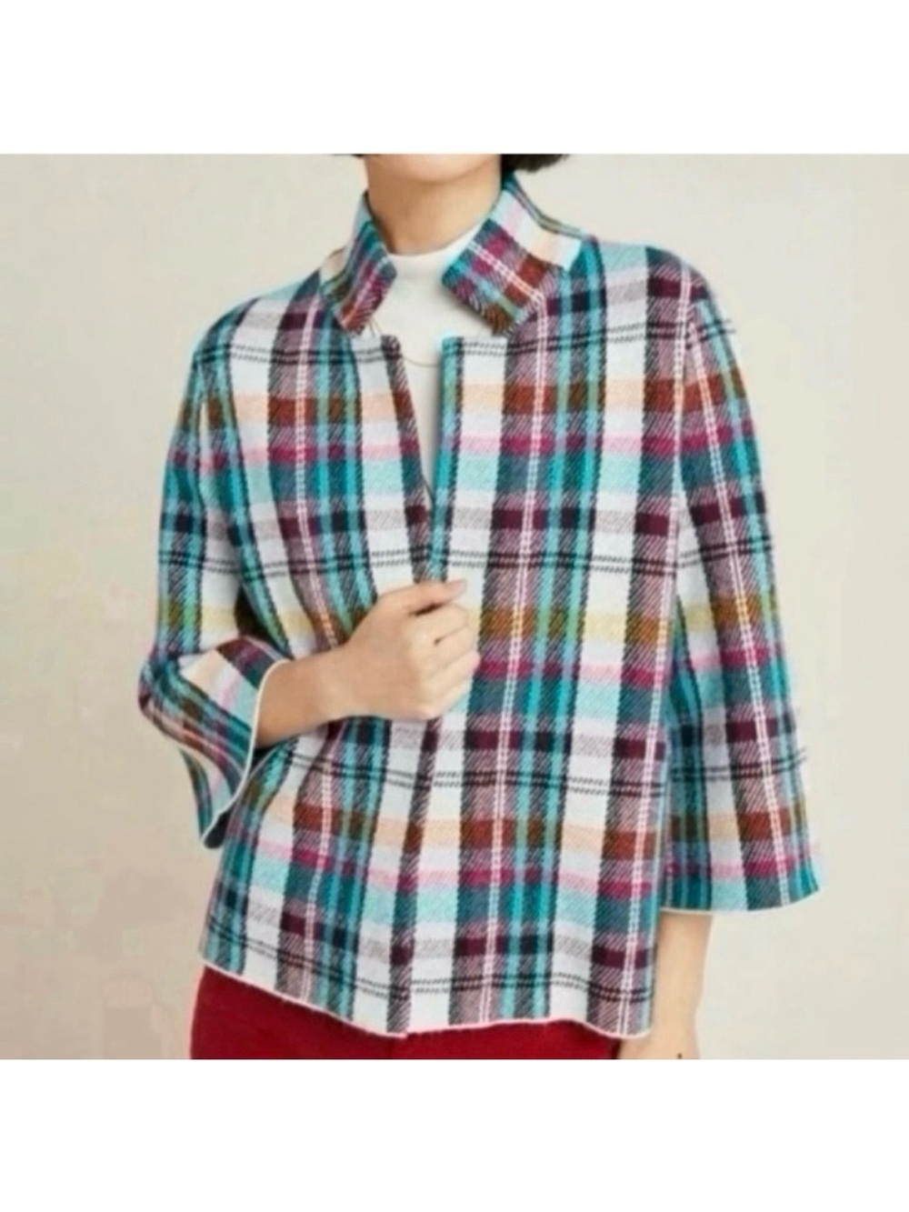 Anthropologie Rosetta Plaid Cropped Sweater Blazer Multi Color Women's Size S